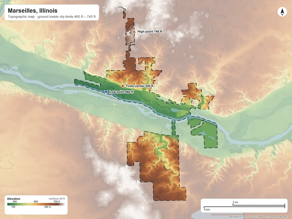 Topographic elevation map of Marseilles, Illinois, shaded from 460 ft near the middle to 740 ft on the north side