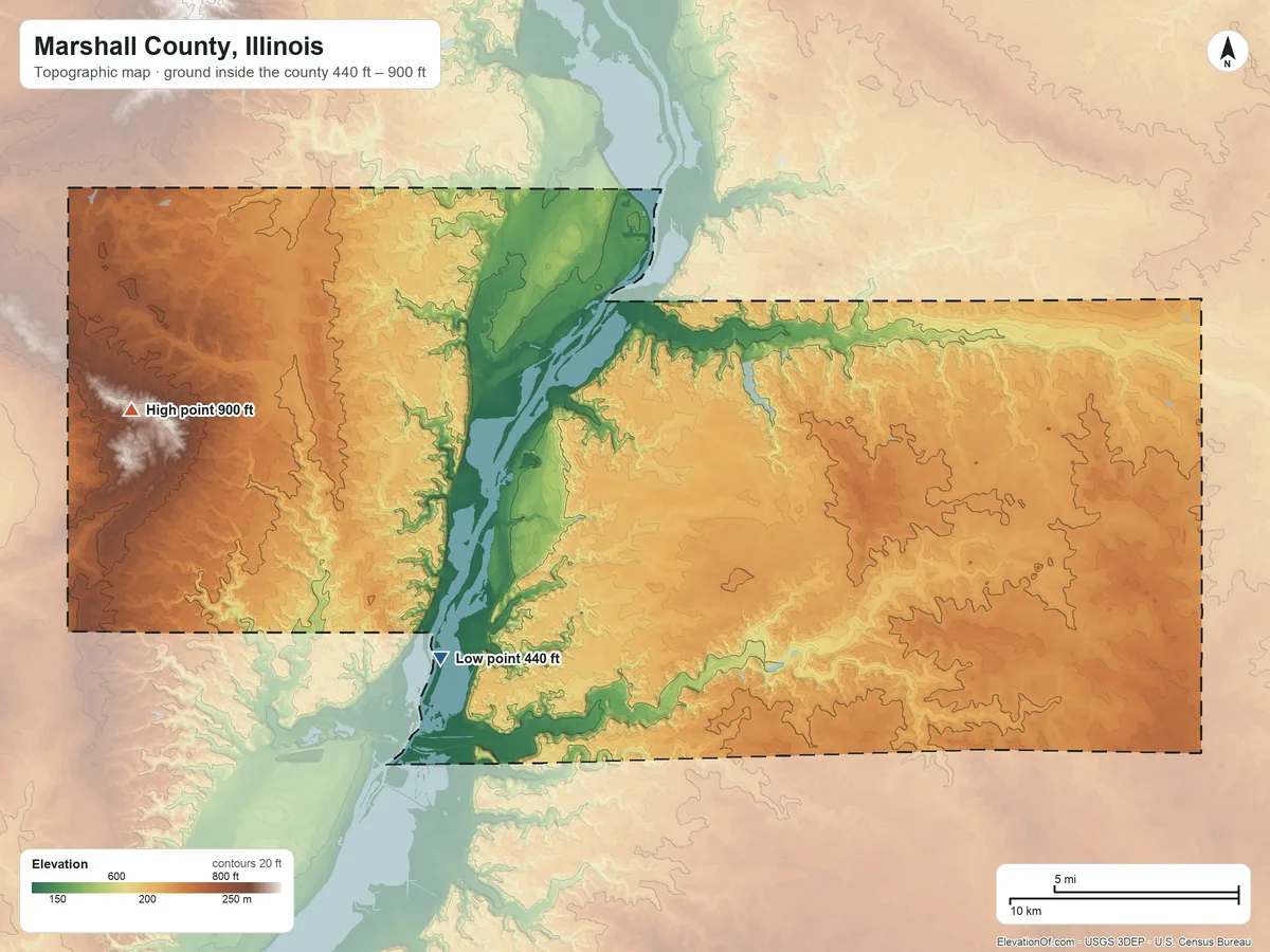 Topographic elevation map of Marshall County, Illinois, shaded from 440 ft on the southwest side to 900 ft on the west side