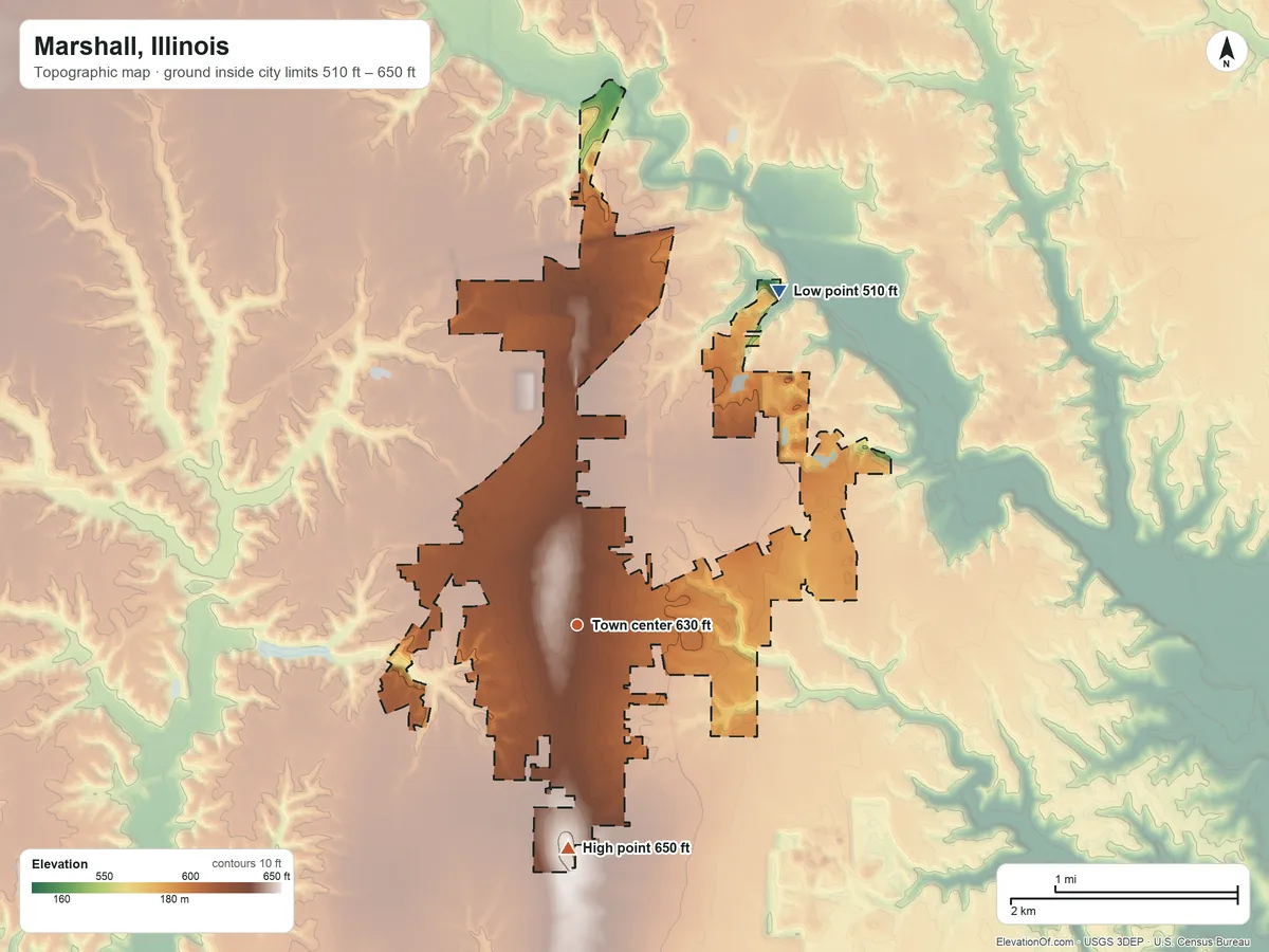 Topographic elevation map of Marshall, Illinois, shaded from 510 ft on the northeast side to 650 ft on the south side