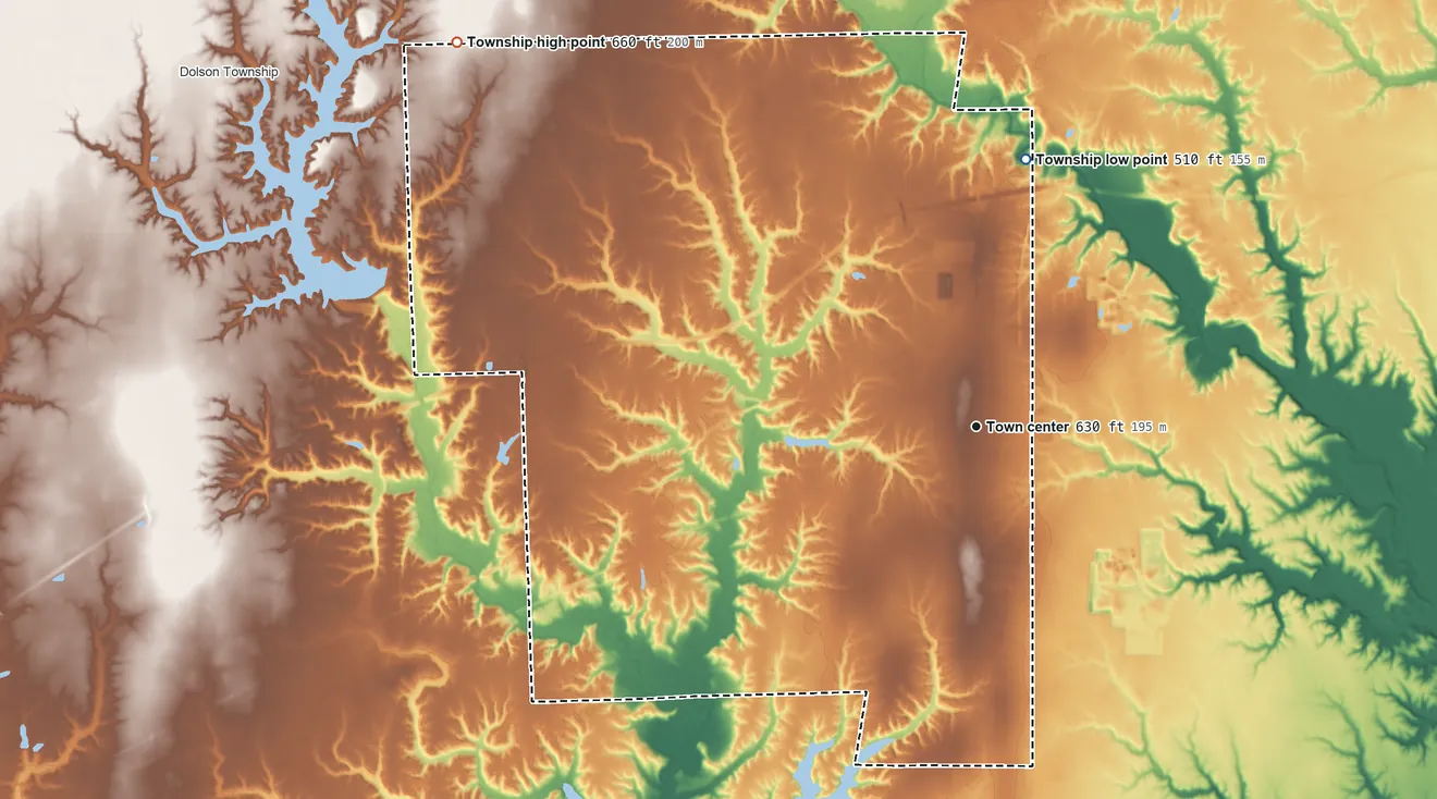Topographic elevation map of Marshall Township, Illinois, shaded from 510 ft on the north side to 660 ft on the northwest side