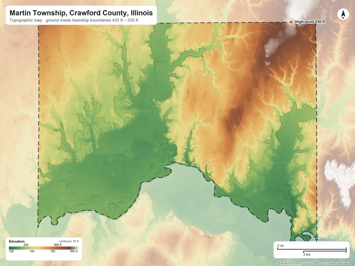 Topographic elevation map of Martin Township, Crawford County, Illinois, shaded from 420 ft on the southeast side to 530 ft on the northeast side