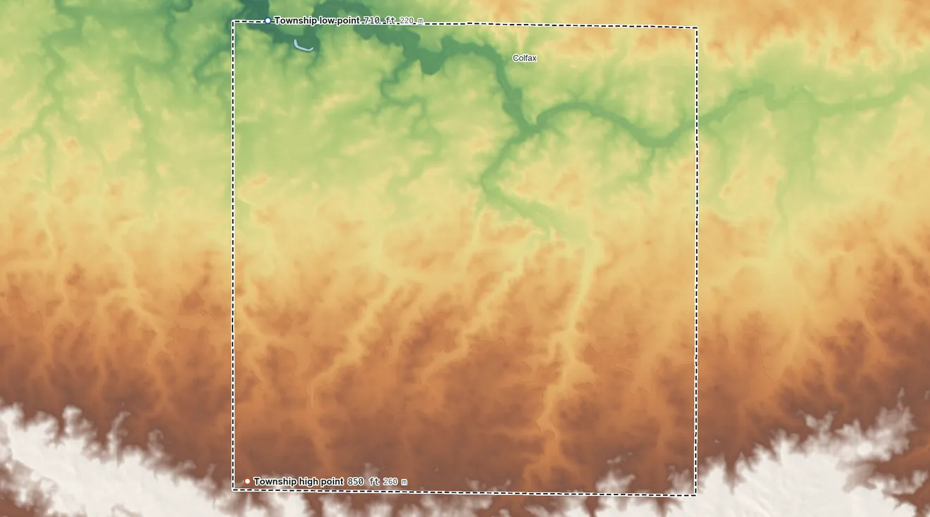 Topographic elevation map of Martin Township, Illinois, shaded from 710 ft on the west side to 850 ft on the southwest side