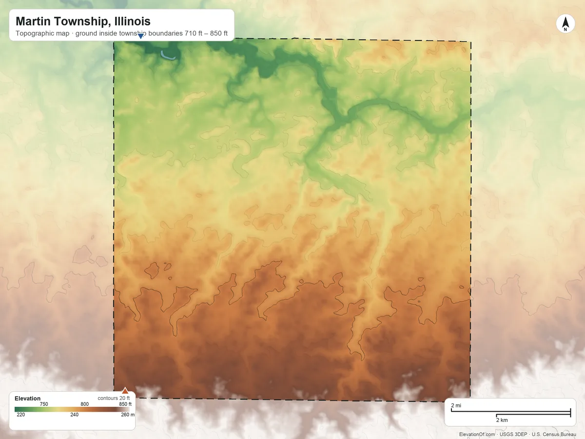 Topographic elevation map of Martin Township, Illinois, shaded from 710 ft on the west side to 850 ft on the southwest side