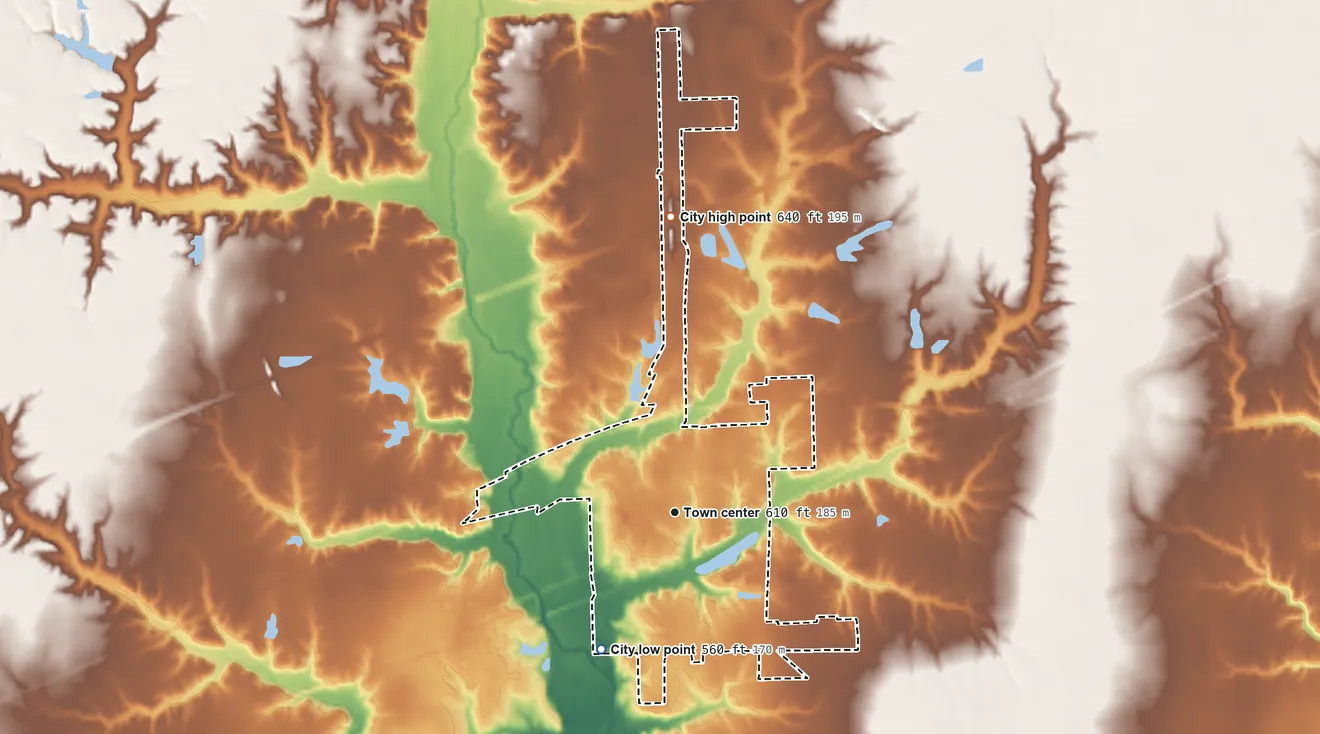 Topographic elevation map of Martinsville, Illinois, shaded from 560 ft on the southwest side to 640 ft on the north side