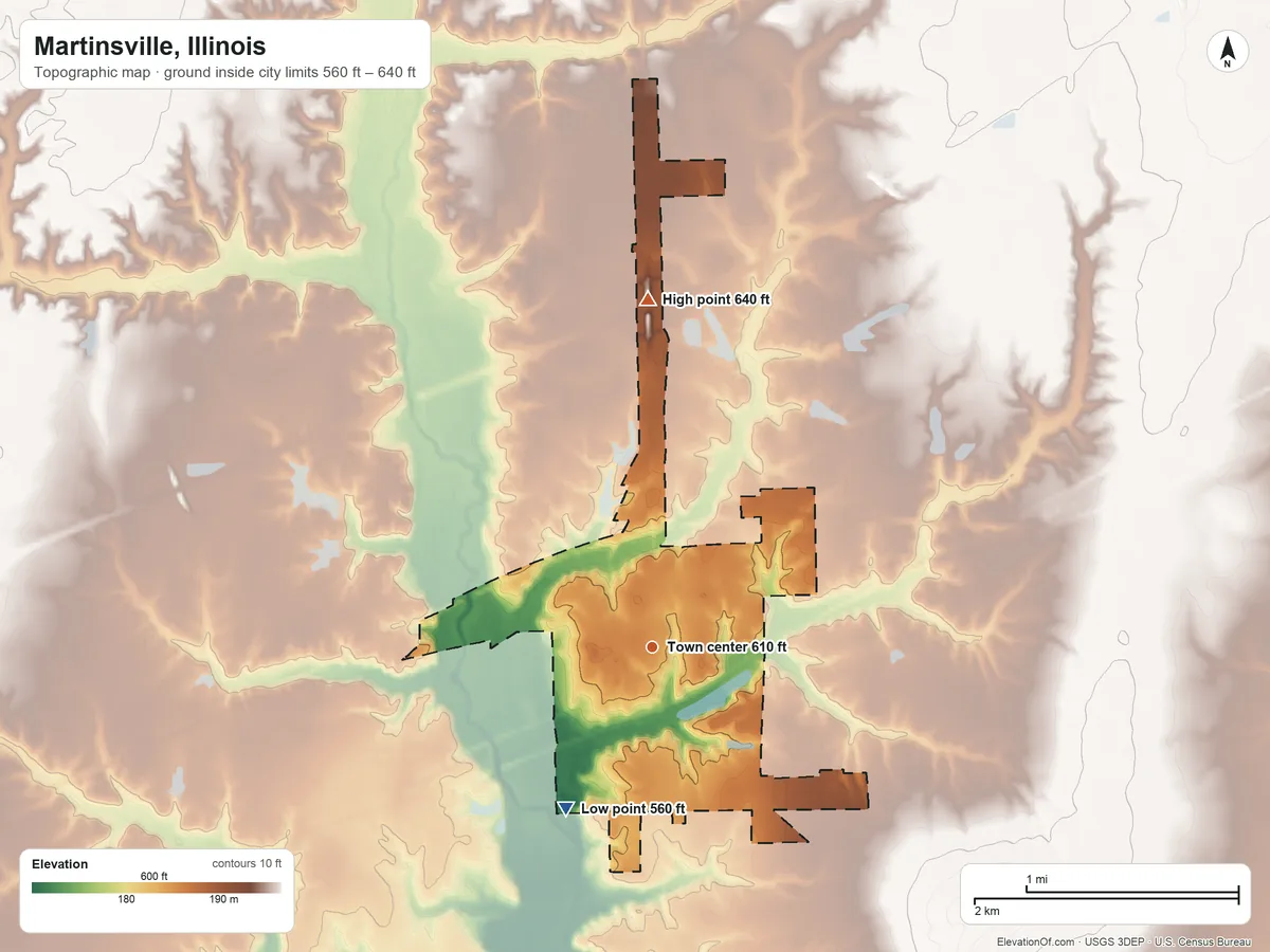 Topographic elevation map of Martinsville, Illinois, shaded from 560 ft on the southwest side to 640 ft on the north side