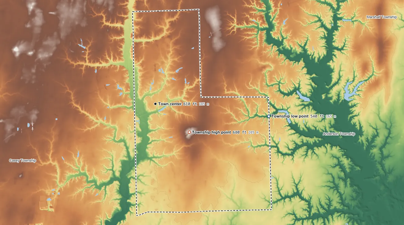 Topographic elevation map of Martinsville Township, Illinois, shaded from 540 ft on the east side to 680 ft on the southeast side