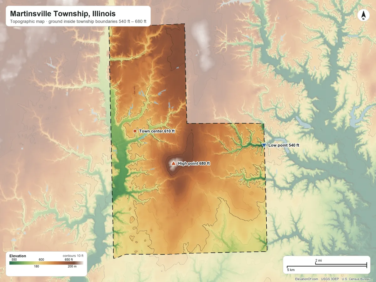 Topographic elevation map of Martinsville Township, Illinois, shaded from 540 ft on the east side to 680 ft on the southeast side