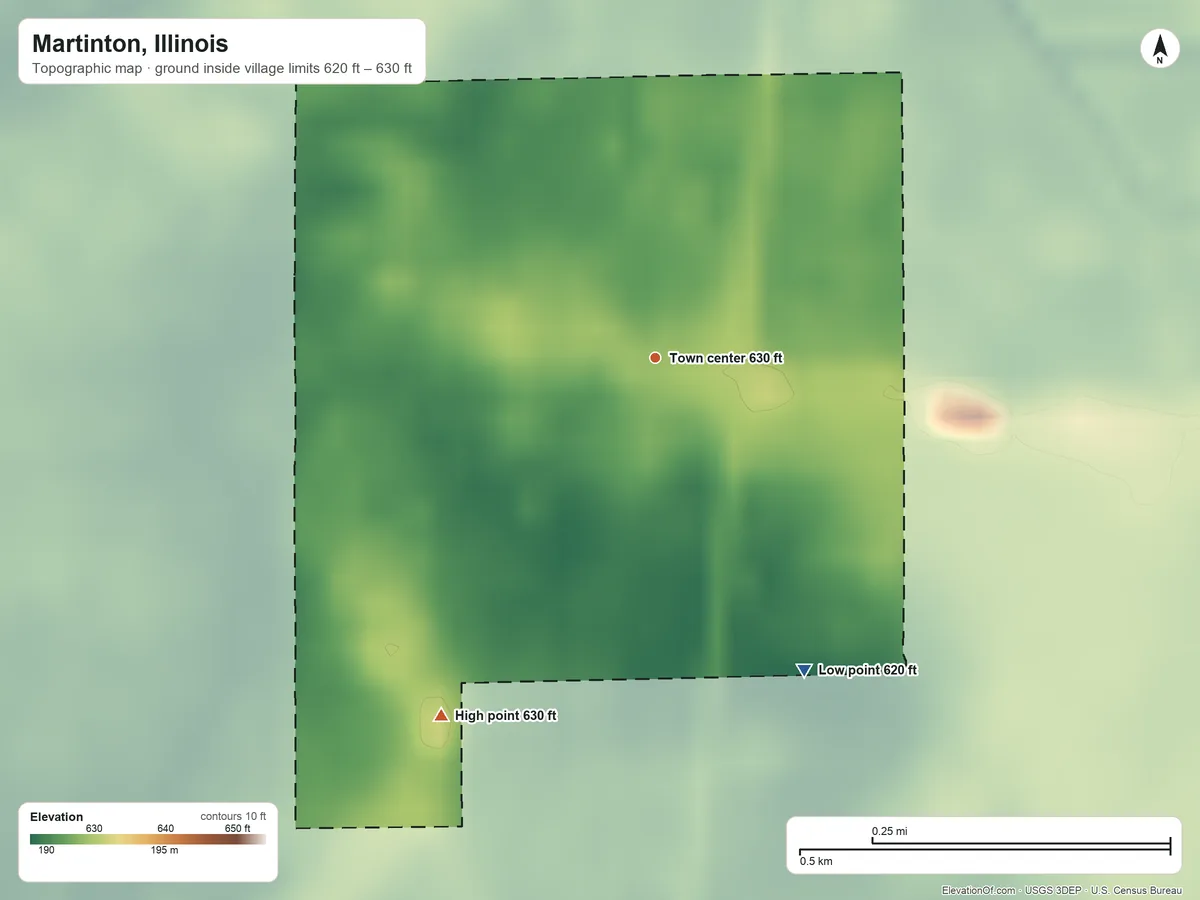 Topographic elevation map of Martinton, Illinois, shaded from 620 ft on the southeast side to 630 ft on the southwest side