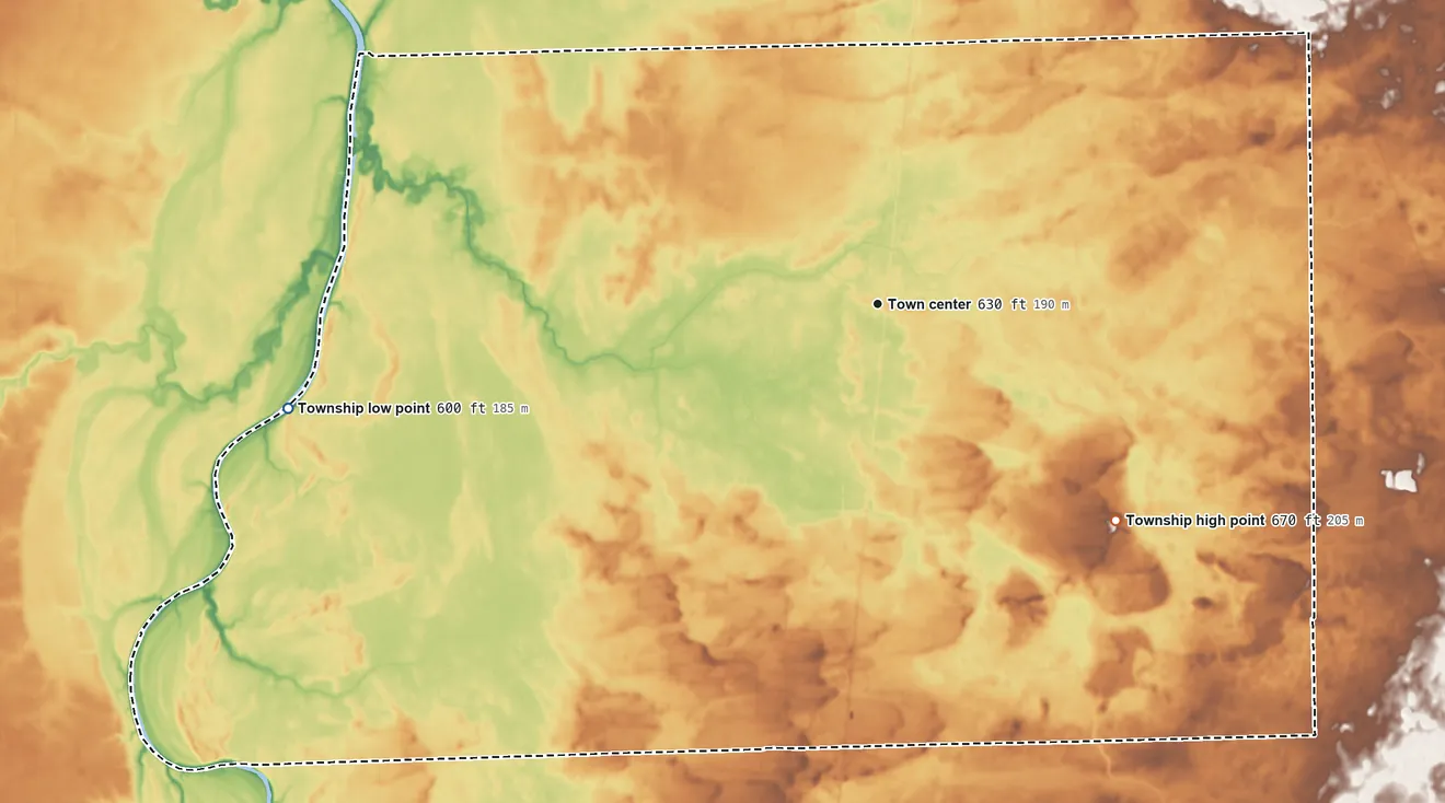 Topographic elevation map of Martinton Township, Illinois, shaded from 600 ft on the west side to 670 ft on the southeast side