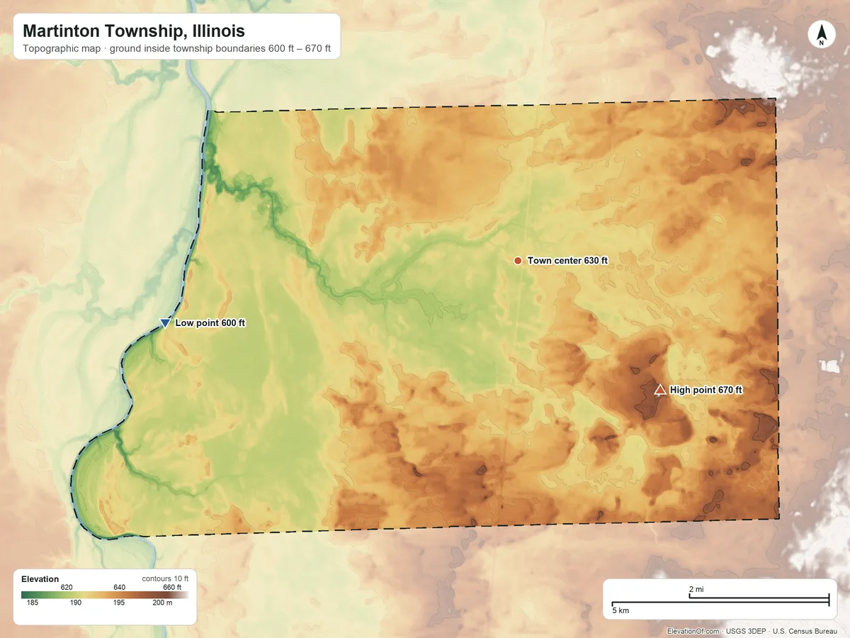 Topographic elevation map of Martinton Township, Illinois, shaded from 600 ft on the west side to 670 ft on the southeast side