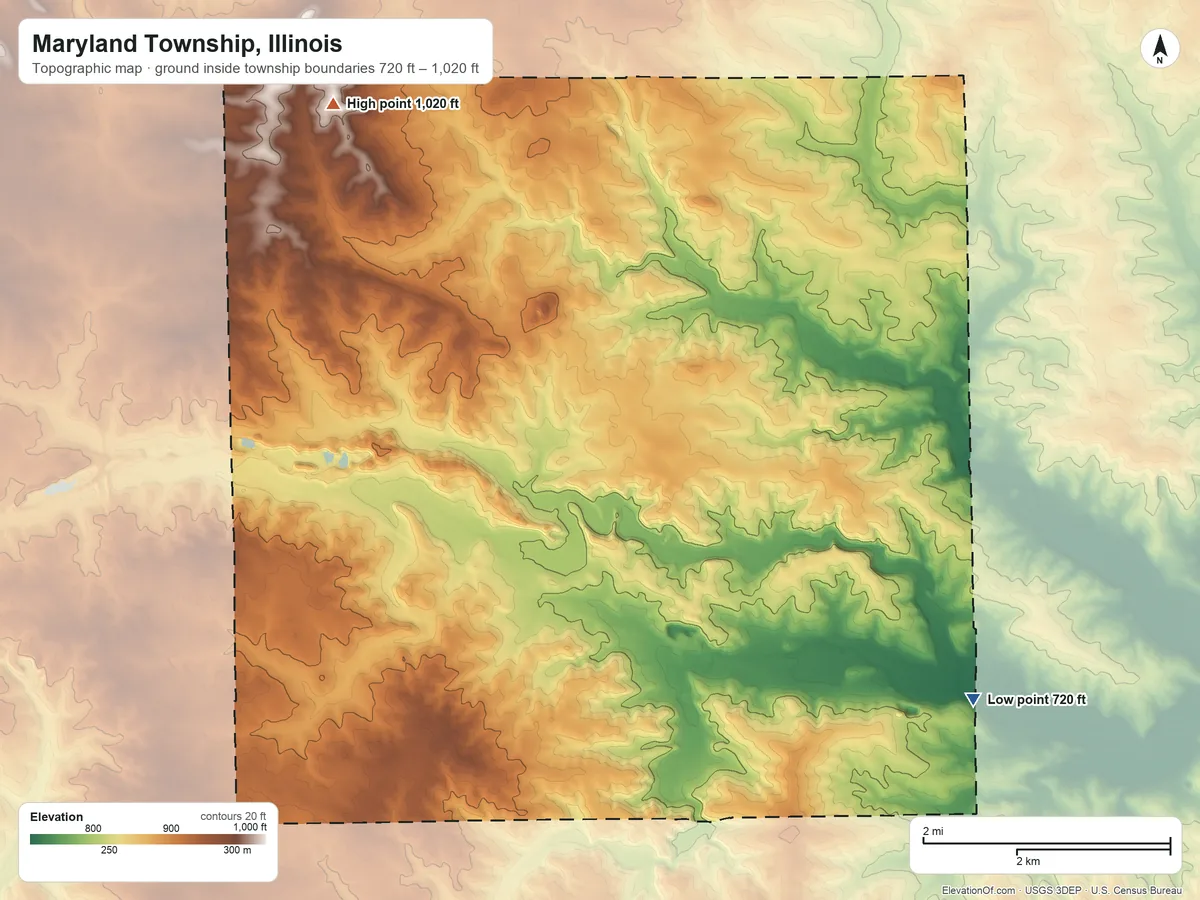 Topographic elevation map of Maryland Township, Illinois, shaded from 720 ft on the southeast side to 1,020 ft on the northwest side