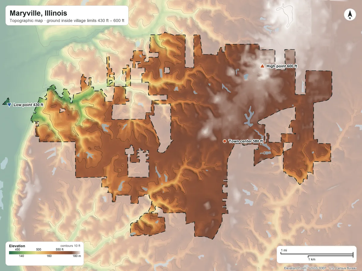 Topographic elevation map of Maryville, Illinois, shaded from 430 ft on the west side to 600 ft on the northeast side