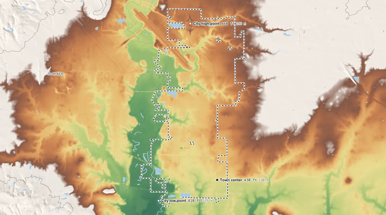Topographic elevation map of Mascoutah, Illinois, shaded from 410 ft on the west side to 460 ft on the north side