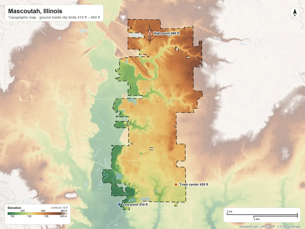 Topographic elevation map of Mascoutah, Illinois, shaded from 410 ft on the west side to 460 ft on the north side