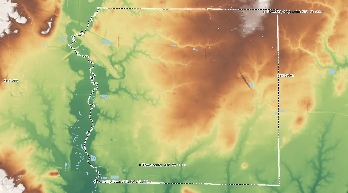 Topographic elevation map of Mascoutah Township, Illinois, shaded from 410 ft on the west side to 510 ft on the northeast side