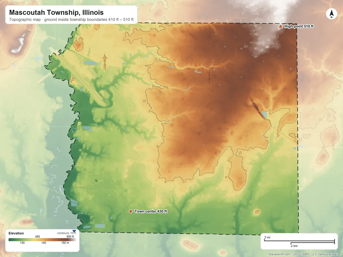 Topographic elevation map of Mascoutah Township, Illinois, shaded from 410 ft on the west side to 510 ft on the northeast side