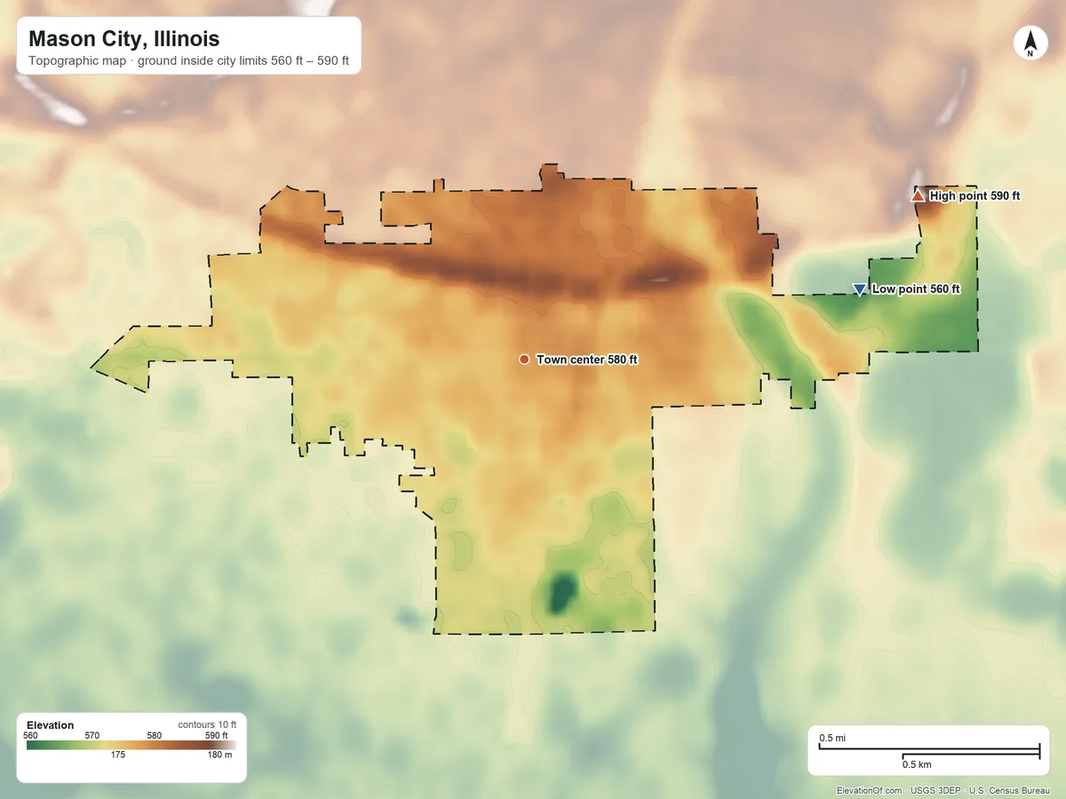 Topographic elevation map of Mason City, Illinois, shaded from 560 ft on the east side to 590 ft on the northeast side