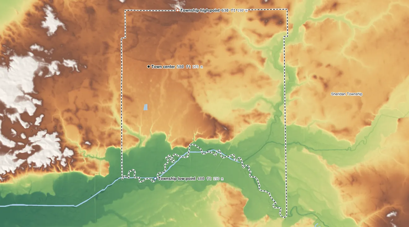 Topographic elevation map of Mason City Township, Illinois, shaded from 480 ft on the south side to 630 ft on the northeast side