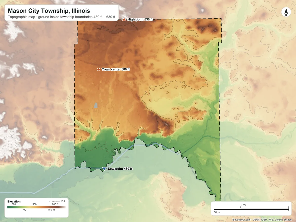 Topographic elevation map of Mason City Township, Illinois, shaded from 480 ft on the south side to 630 ft on the northeast side