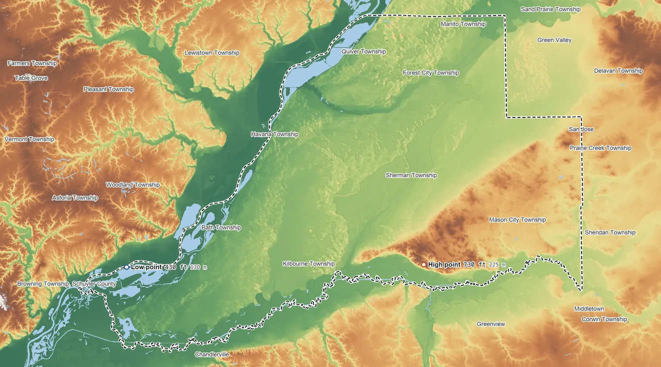 Topographic elevation map of Mason County, Illinois, shaded from 430 ft on the west side to 730 ft on the southeast side
