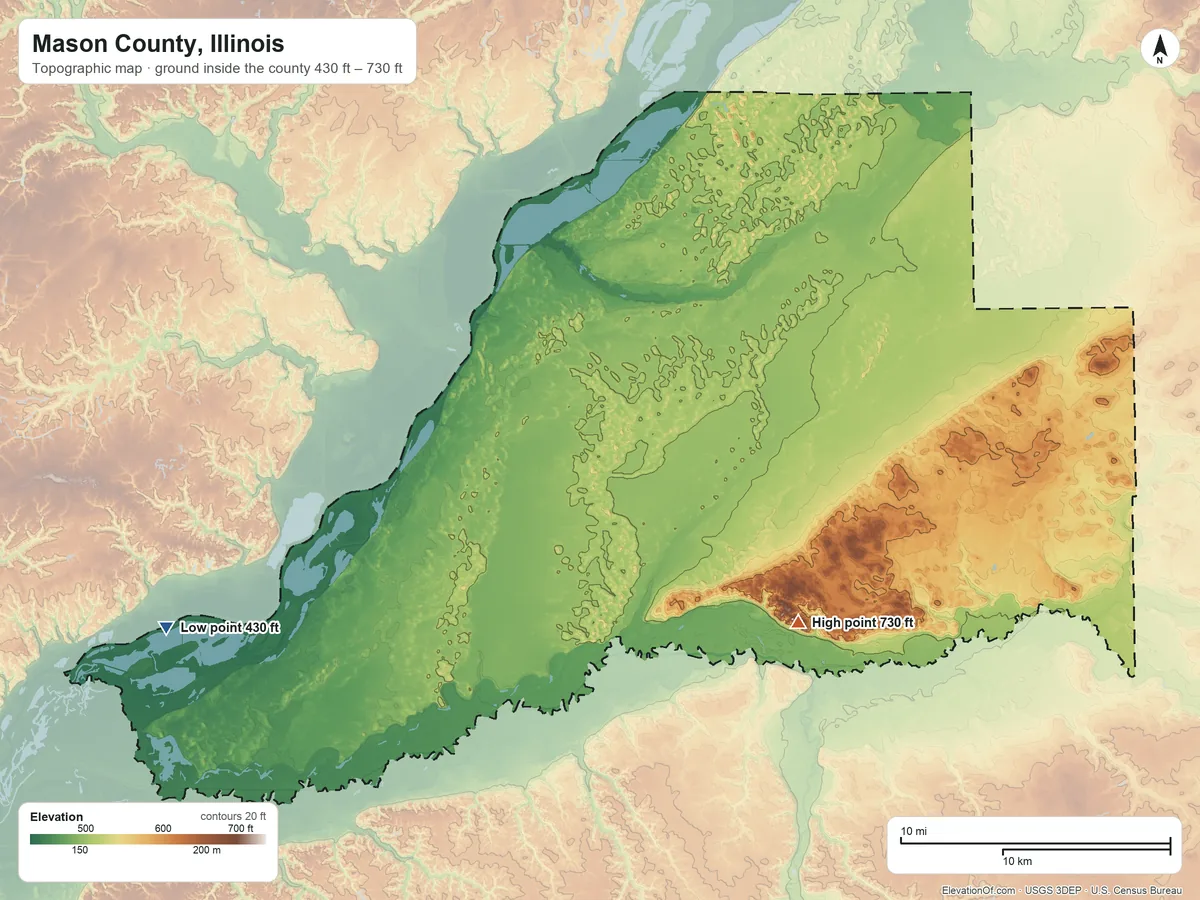 Topographic elevation map of Mason County, Illinois, shaded from 430 ft on the west side to 730 ft on the southeast side