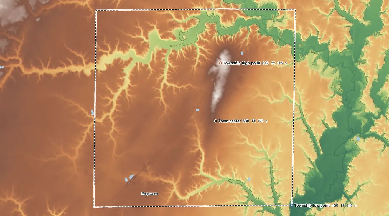 Topographic elevation map of Mason Township, Illinois, shaded from 460 ft on the southeast side to 610 ft on the north side