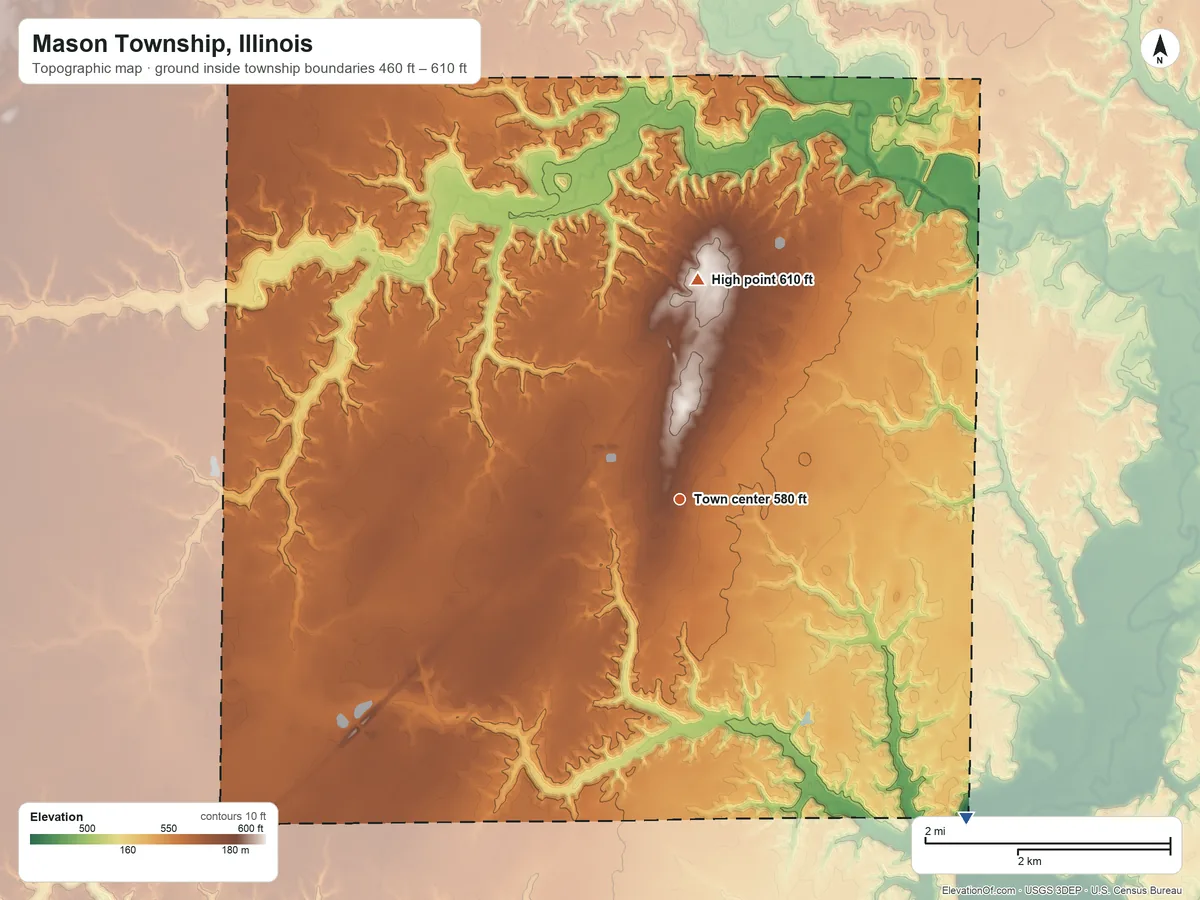 Topographic elevation map of Mason Township, Illinois, shaded from 460 ft on the southeast side to 610 ft on the north side