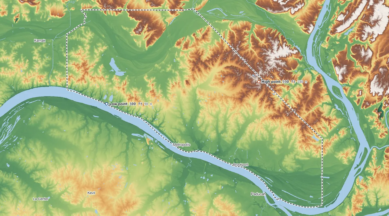 Topographic elevation map of Massac County, Illinois, shaded from 300 ft on the west side to 590 ft on the east side
