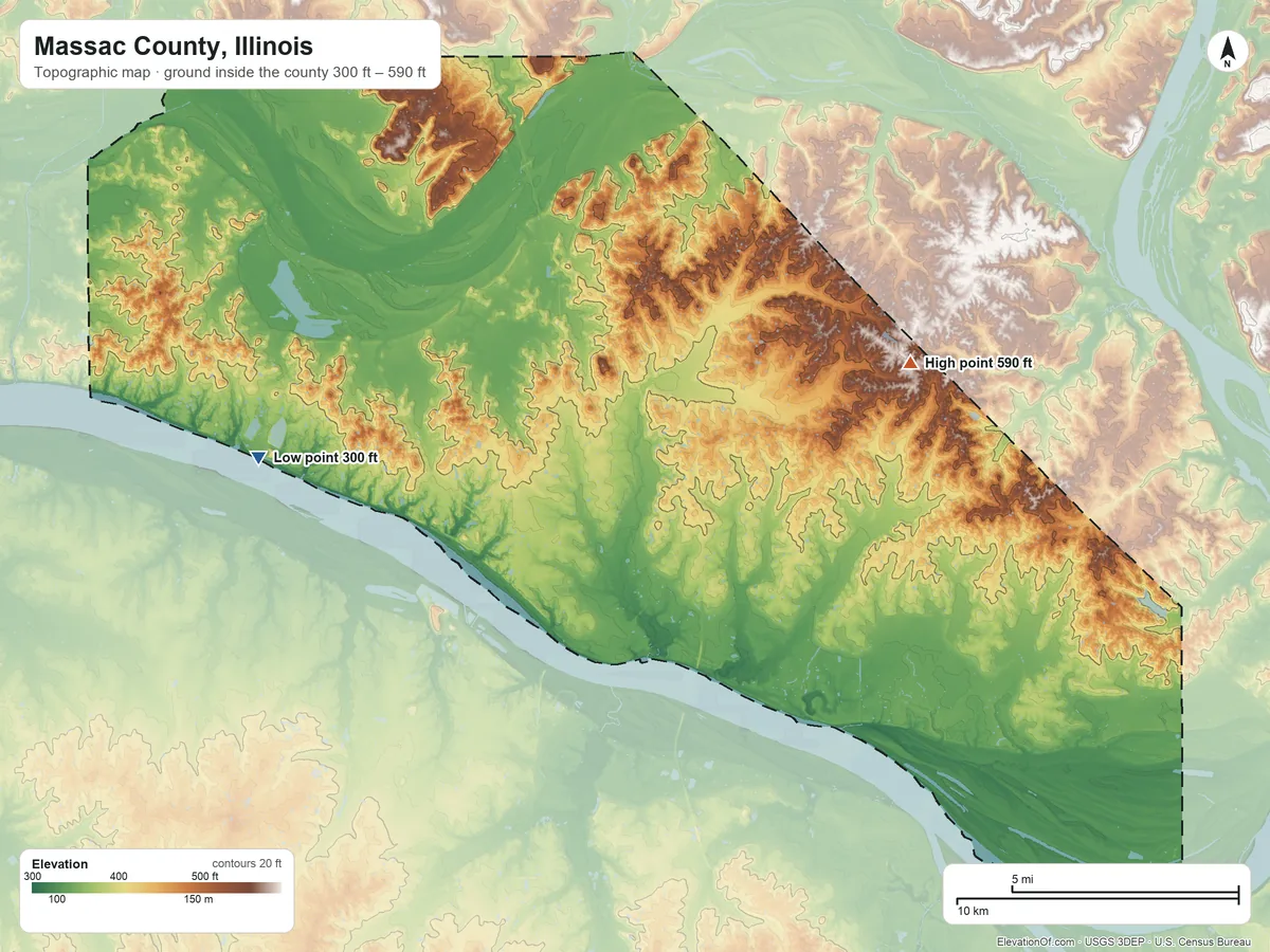 Topographic elevation map of Massac County, Illinois, shaded from 300 ft on the west side to 590 ft on the east side