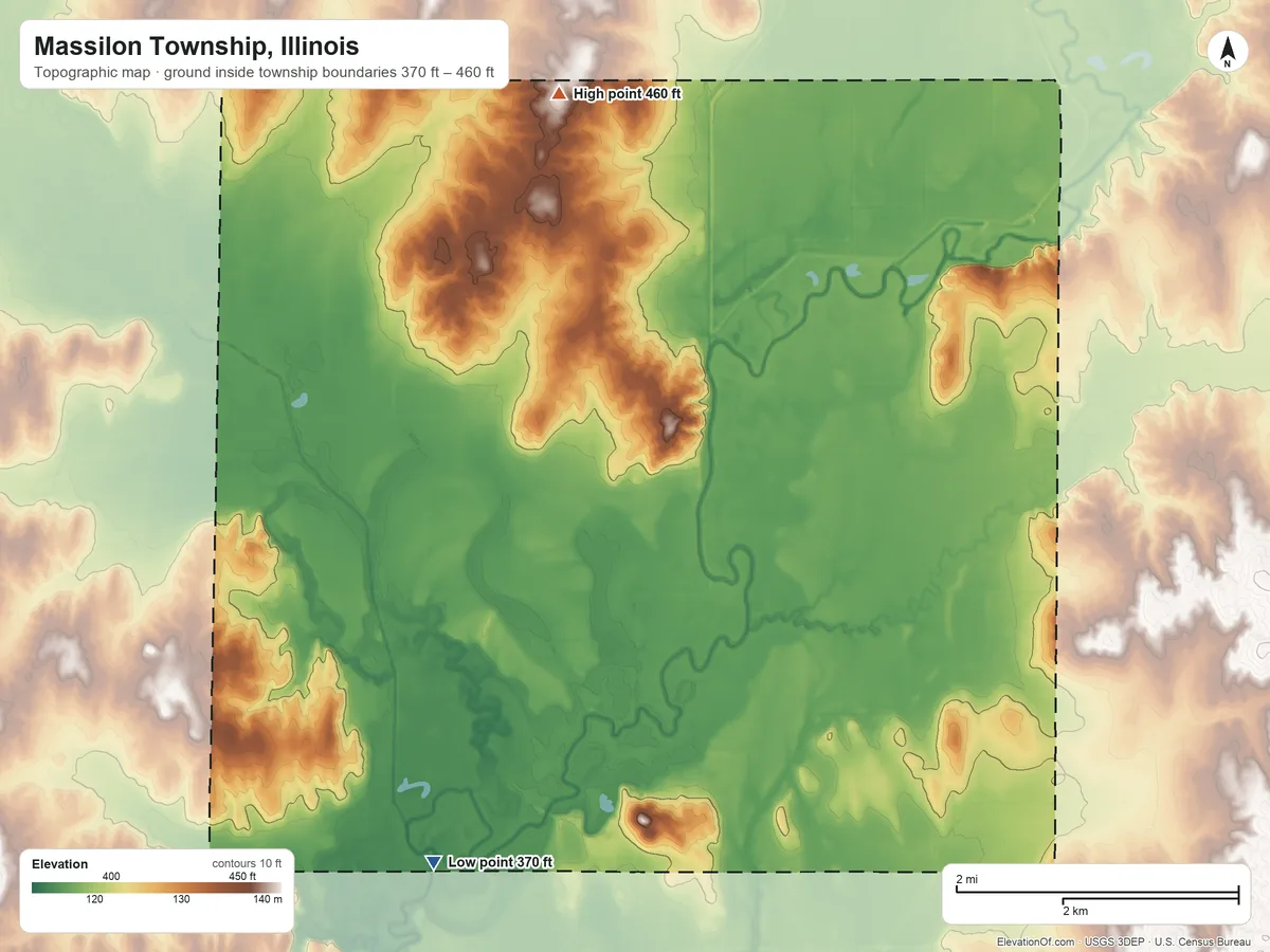Topographic elevation map of Massilon Township, Illinois, shaded from 370 ft on the southwest side to 460 ft on the north side