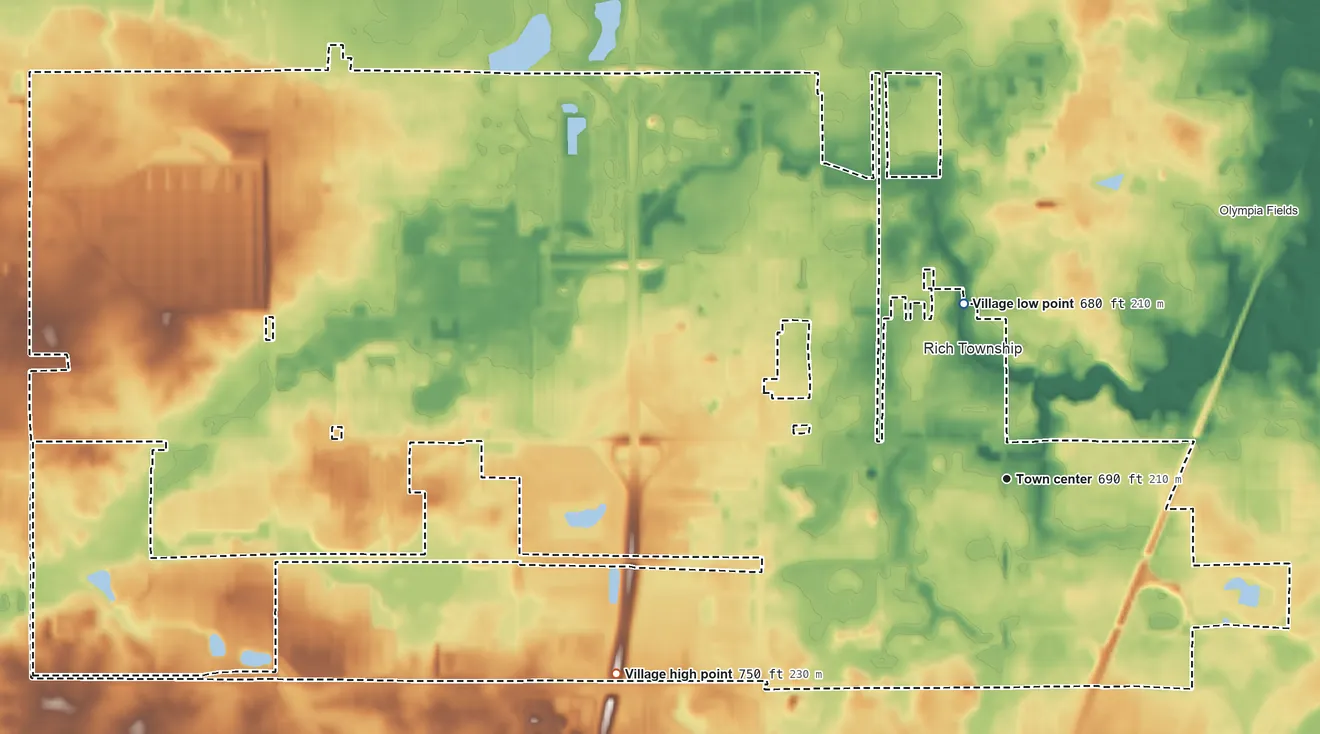 Topographic elevation map of Matteson, Illinois, shaded from 680 ft on the north side to 750 ft on the southwest side