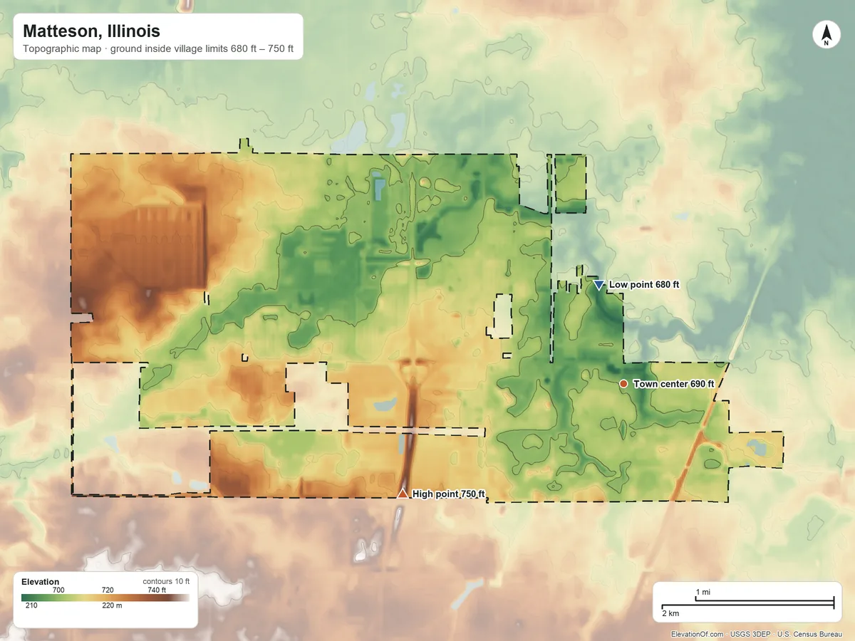 Topographic elevation map of Matteson, Illinois, shaded from 680 ft on the north side to 750 ft on the southwest side