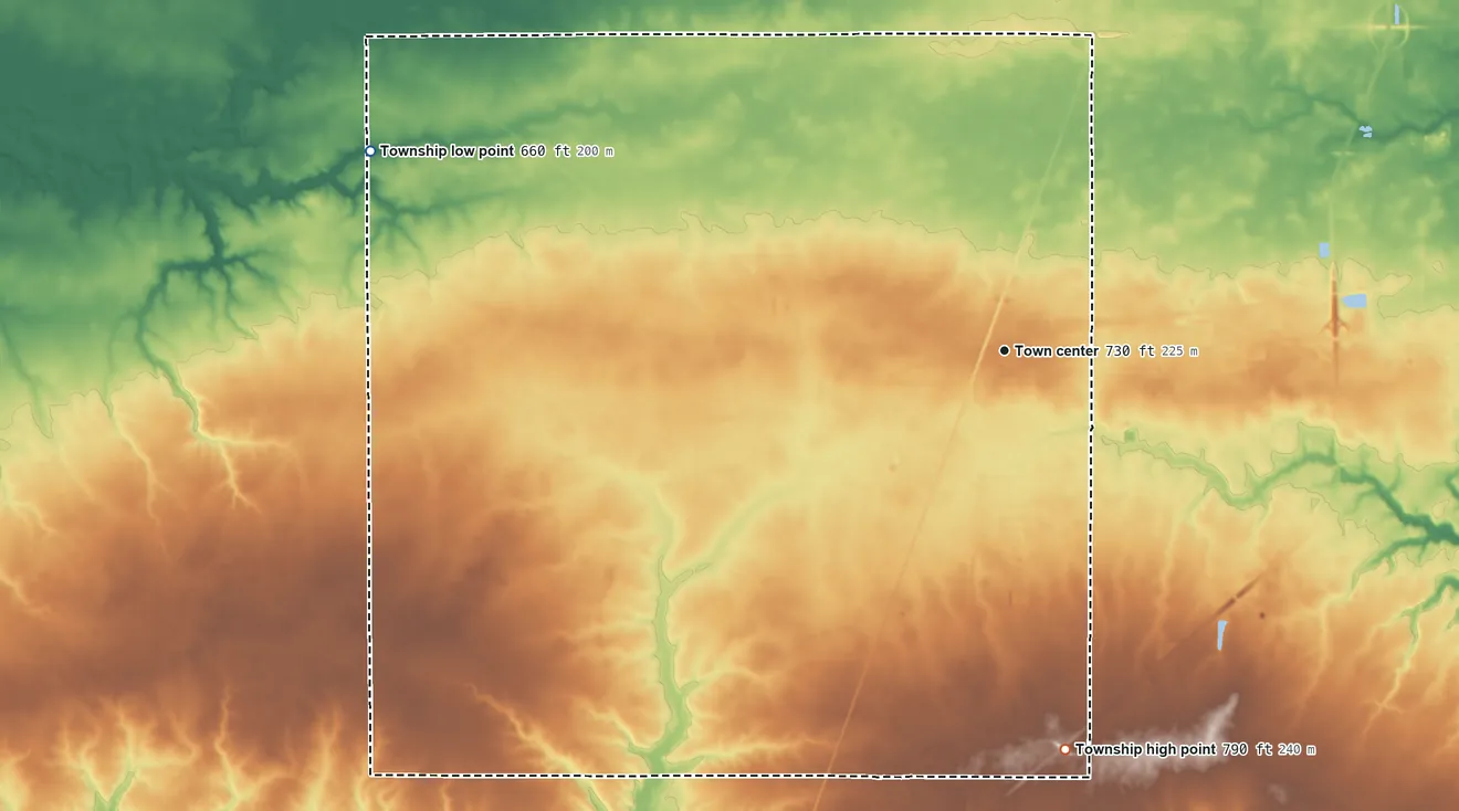 Topographic elevation map of Mattoon Township, Illinois, shaded from 660 ft on the west side to 790 ft on the south side