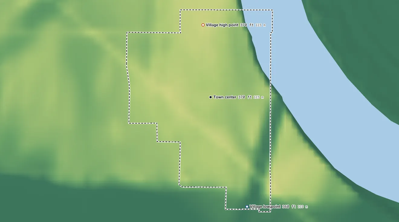 Topographic elevation map of Maunie, Illinois, shaded from 360 ft on the south side to 370 ft on the north side