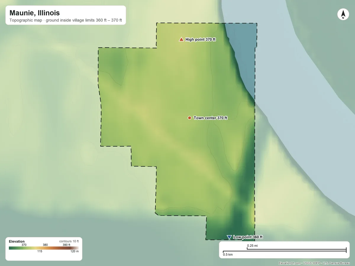 Topographic elevation map of Maunie, Illinois, shaded from 360 ft on the south side to 370 ft on the north side
