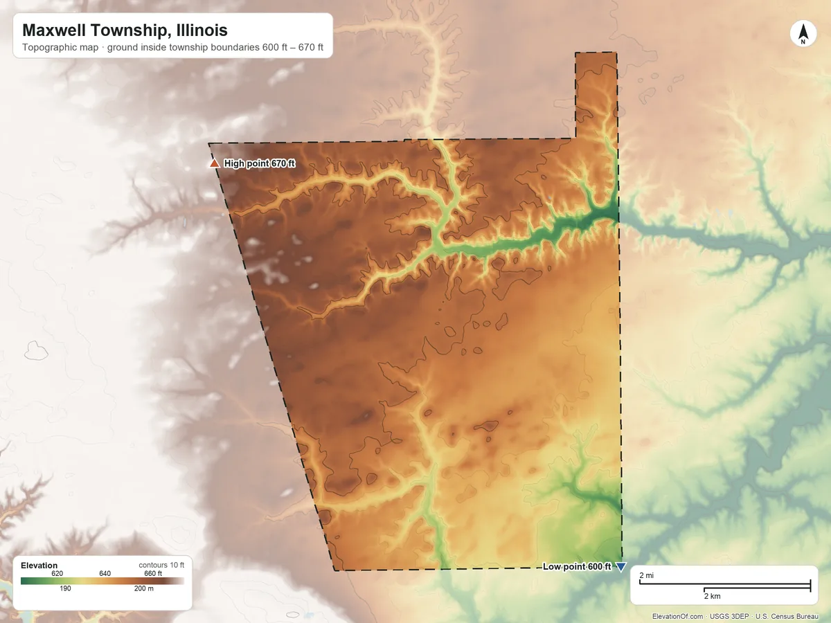 Topographic elevation map of Maxwell Township, Illinois, shaded from 600 ft on the southeast side to 670 ft on the northwest side