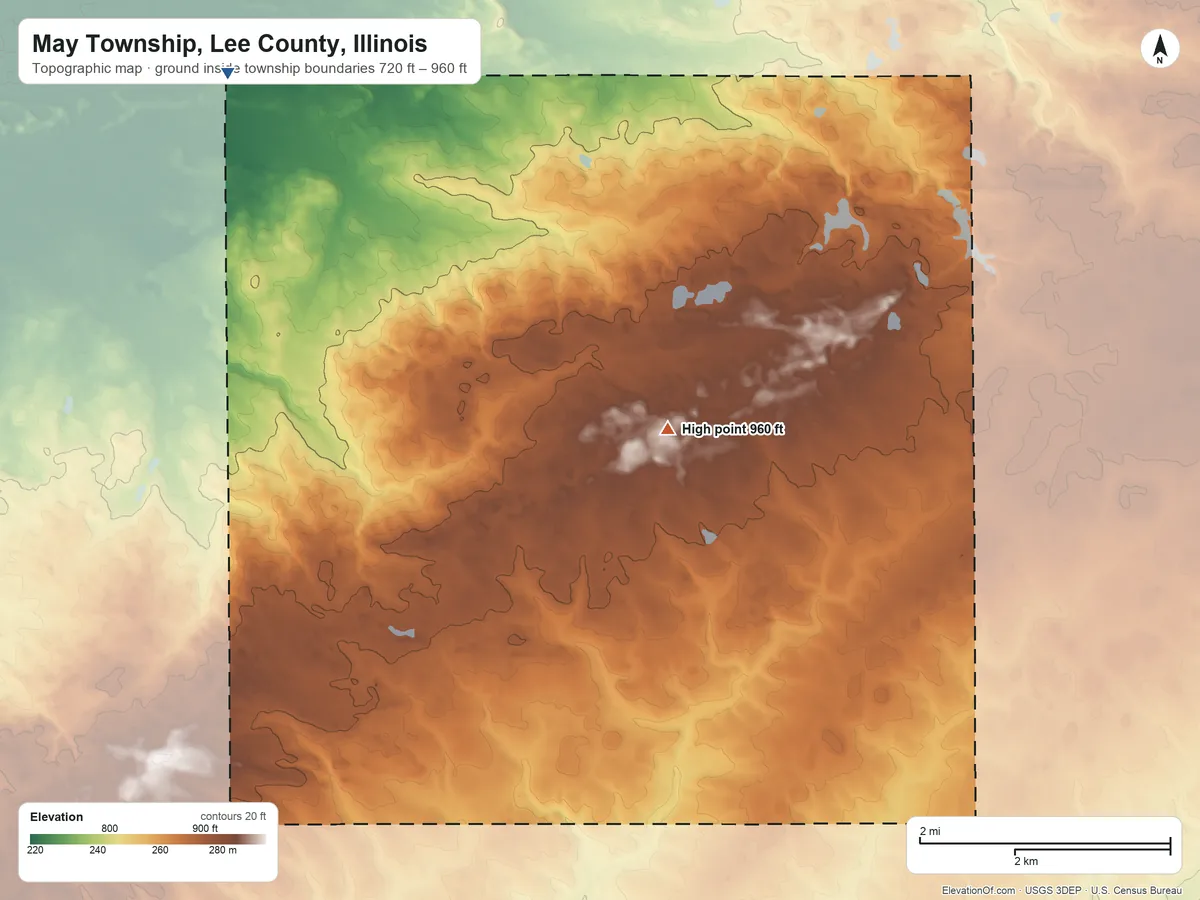 Topographic elevation map of May Township, Lee County, Illinois, shaded from 720 ft on the northwest side to 960 ft near the middle