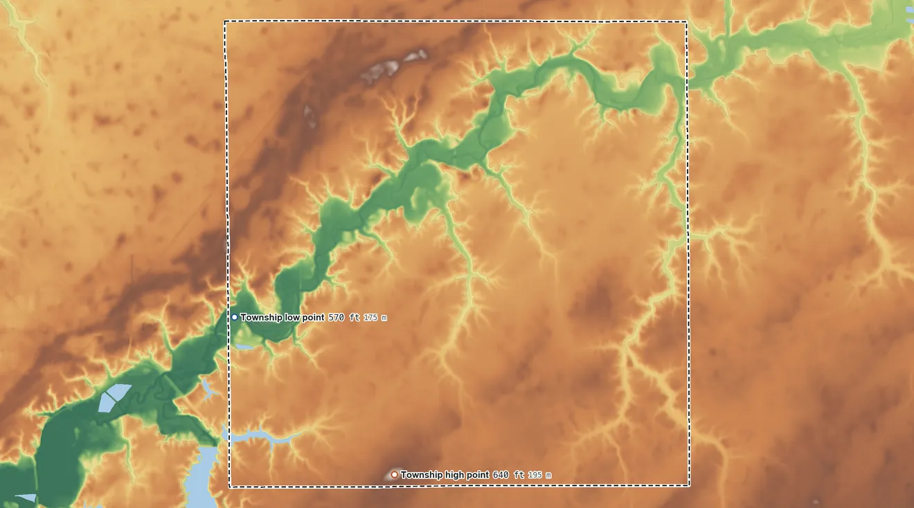 Topographic elevation map of May Township, Illinois, shaded from 570 ft on the northwest side to 640 ft on the southeast side