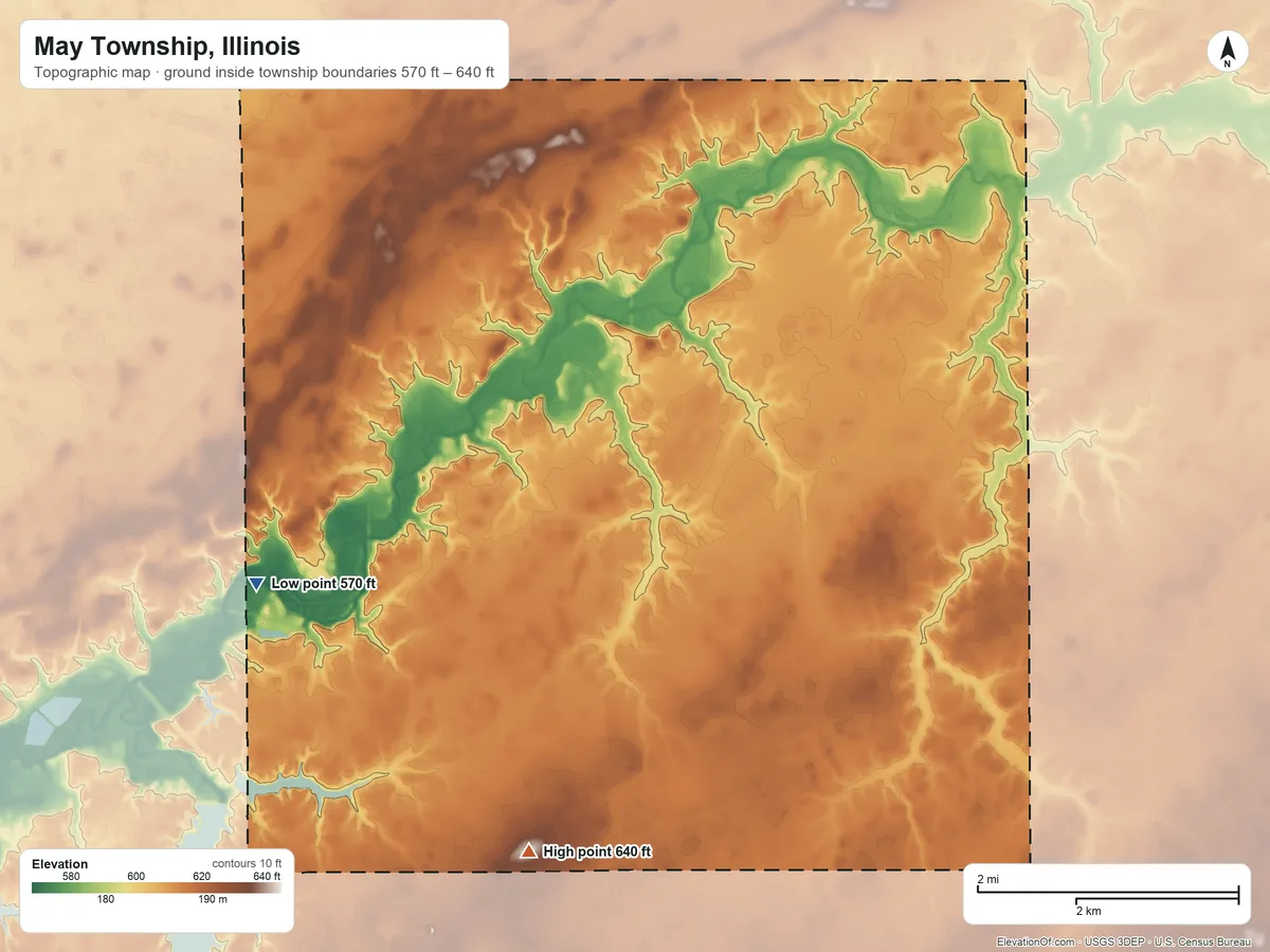 Topographic elevation map of May Township, Illinois, shaded from 570 ft on the northwest side to 640 ft on the southeast side