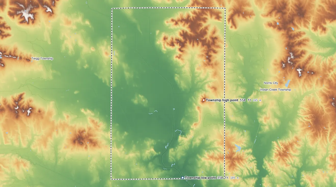 Topographic elevation map of Mayberry Township, Illinois, shaded from 350 ft on the south side to 550 ft on the east side