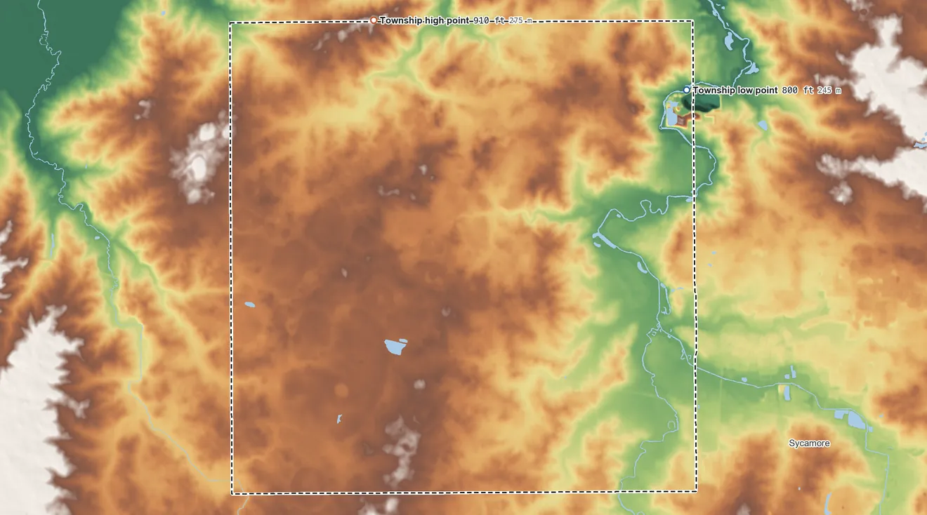Topographic elevation map of Mayfield Township, Illinois, shaded from 800 ft on the northeast side to 910 ft on the northwest side