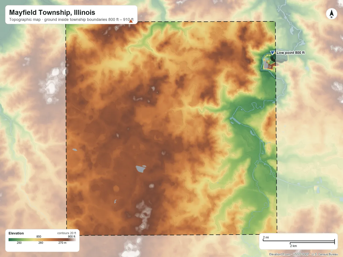 Topographic elevation map of Mayfield Township, Illinois, shaded from 800 ft on the northeast side to 910 ft on the northwest side