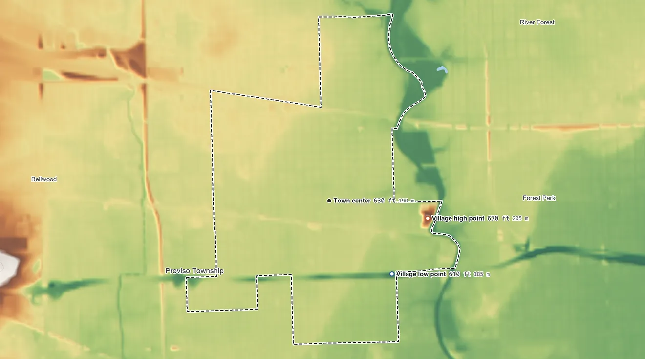 Topographic elevation map of Maywood, Illinois, shaded from 610 ft on the southeast side to 670 ft on the east side