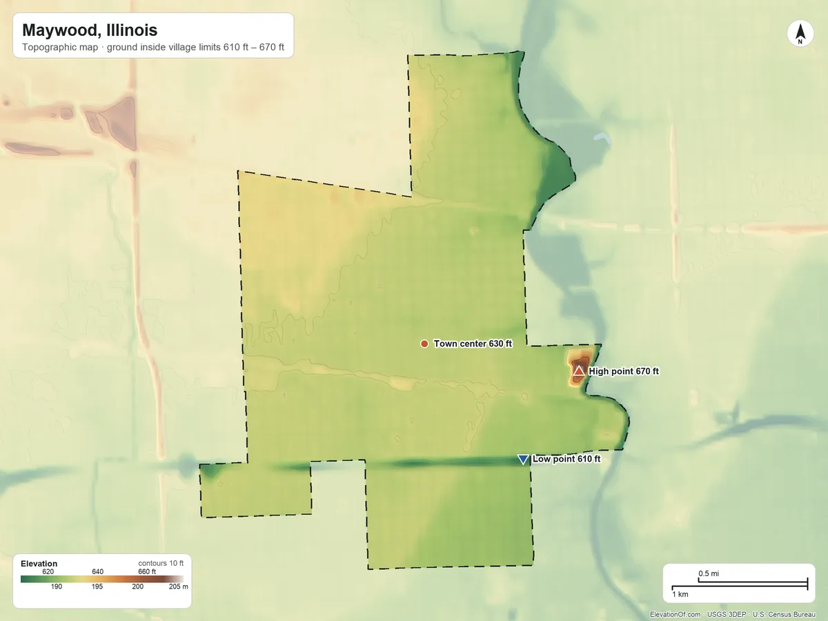 Topographic elevation map of Maywood, Illinois, shaded from 610 ft on the southeast side to 670 ft on the east side