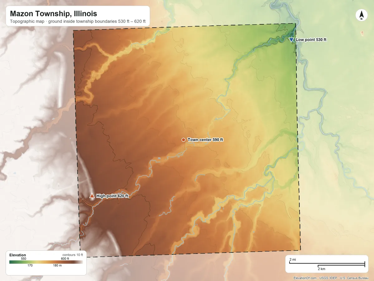 Topographic elevation map of Mazon Township, Illinois, shaded from 530 ft on the northeast side to 620 ft on the southwest side