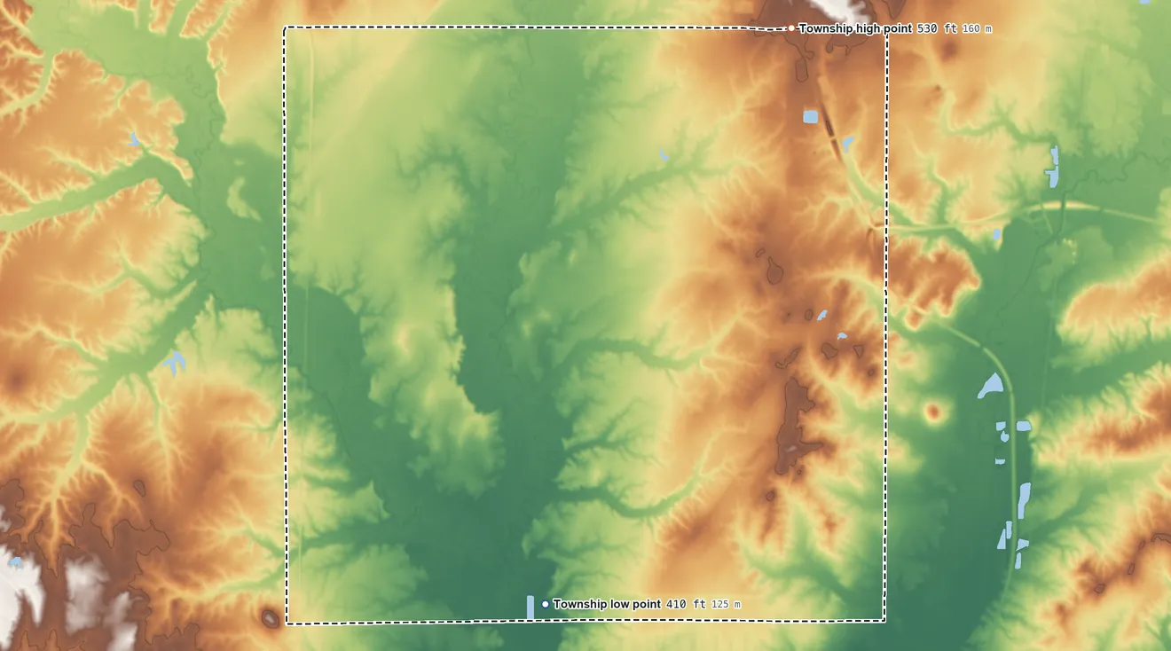 Topographic elevation map of McClellan Township, Illinois, shaded from 410 ft on the southwest side to 530 ft on the northeast side