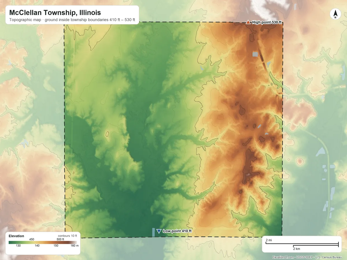 Topographic elevation map of McClellan Township, Illinois, shaded from 410 ft on the southwest side to 530 ft on the northeast side
