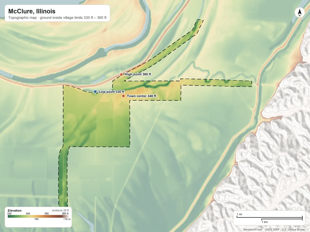 Topographic elevation map of McClure, Illinois, shaded from 330 ft on the west side to 360 ft near the middle
