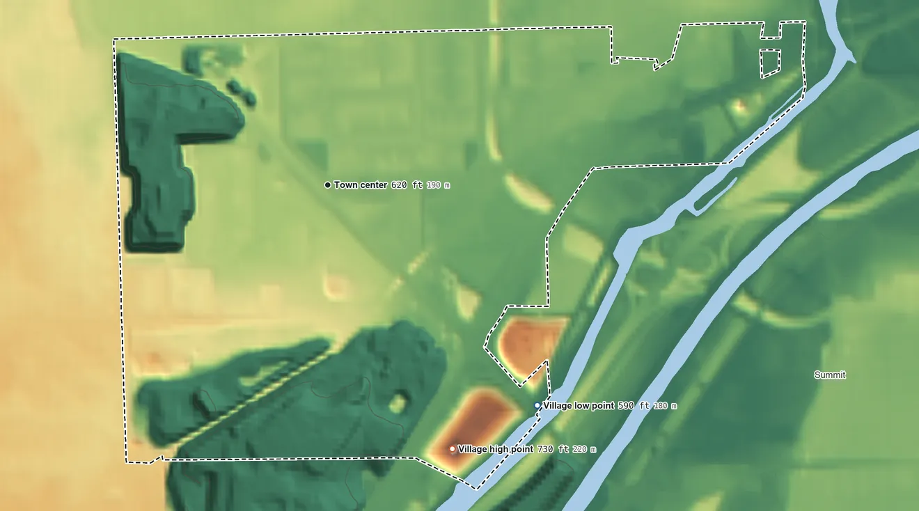 Topographic elevation map of McCook, Illinois, shaded from 590 ft on the southeast side to 730 ft on the southeast side