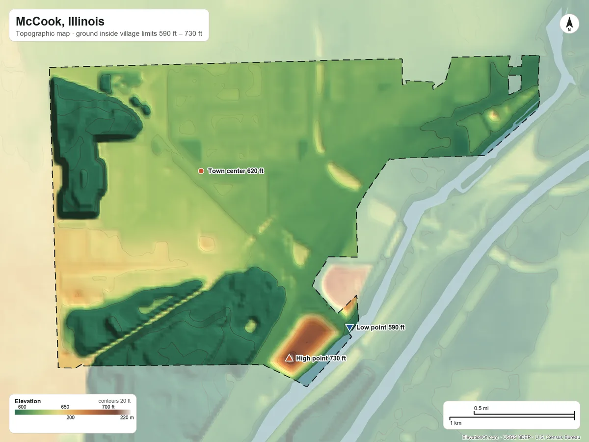 Topographic elevation map of McCook, Illinois, shaded from 590 ft on the southeast side to 730 ft on the southeast side